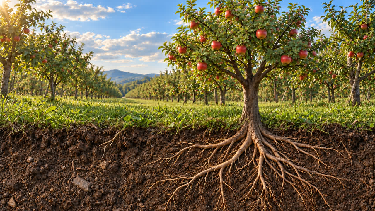 Apple tree in an orchard with its roots reaching into the ground